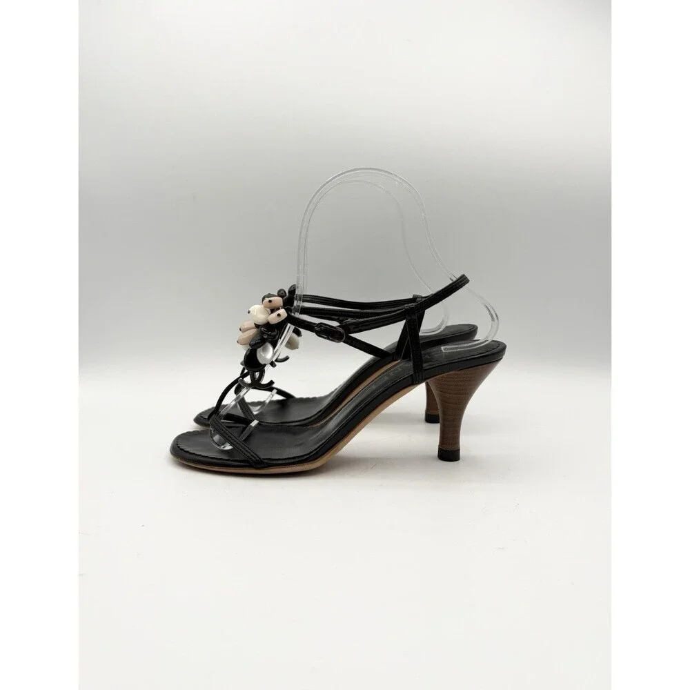 Chanel Black Leather T Strap Sandals Beaded Accent CC Logo Vintage Size EU 36